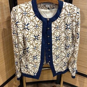 Vintage Navy & Cream Button-Front Silk Jacket